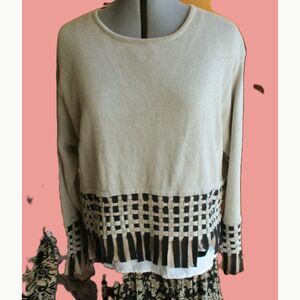 Vintage Christina Rotelli Natural Oversized Boxy Lagenlook Fringe Sweater M-XL